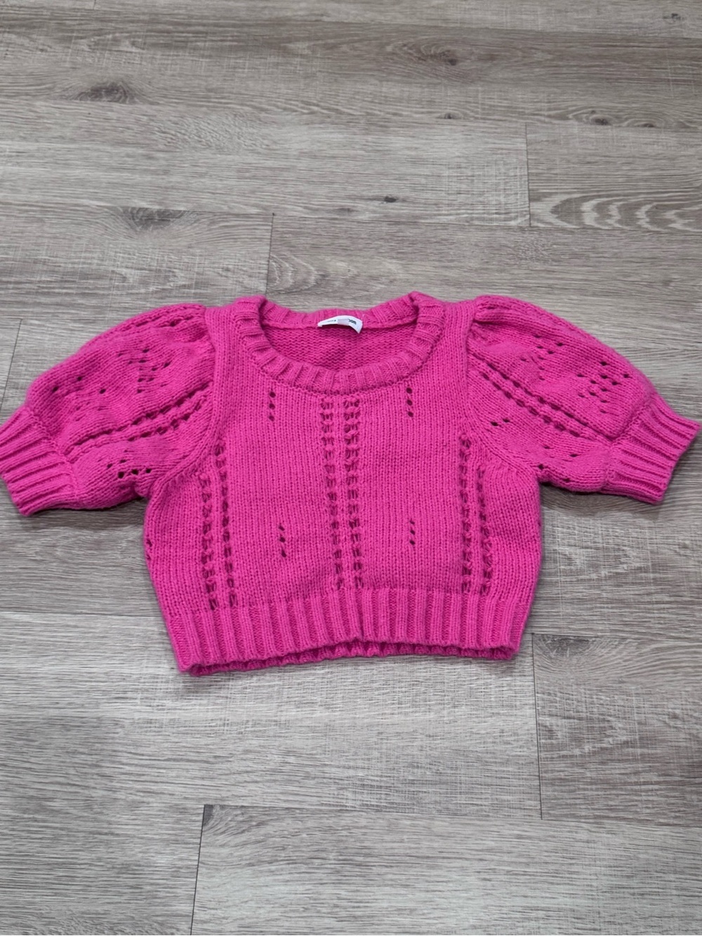 Day + Moon Hot Pink Knit Sweater Puff Sleeve Openwork Crochet Size L